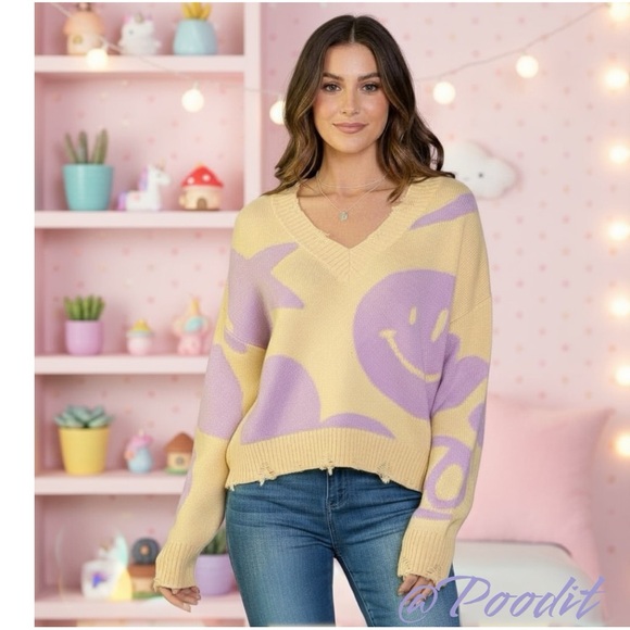 BAILEY ROSE Yellow and purple smiley sweater sz S M L - Picture 2 of 10